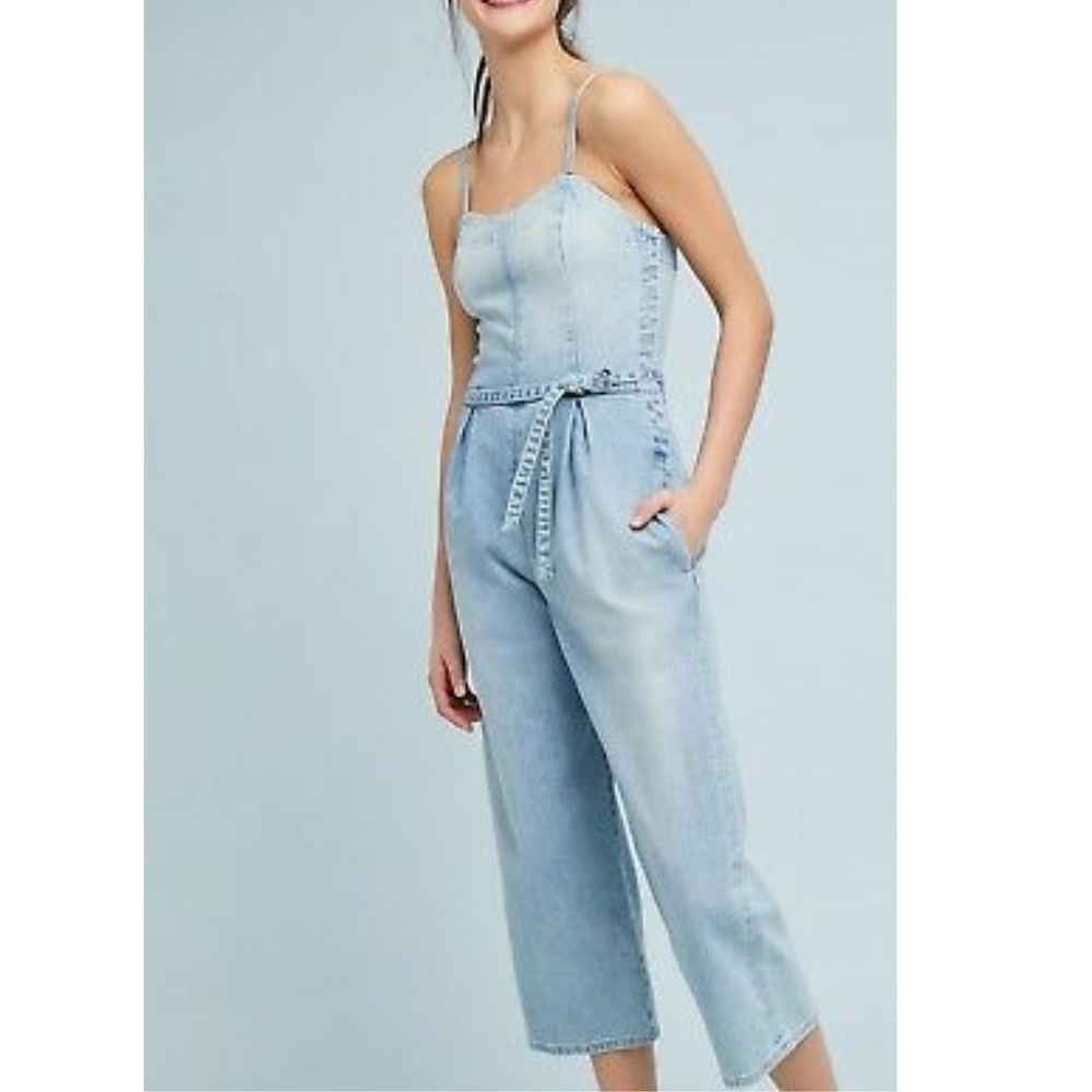 AG Jeans Denim Gisele Onesie Crop Wide Leg Tie Waist Jumpsuit Overall Pants